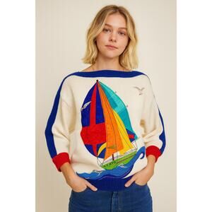 Vintage 80s Sinthia Szato Marisa Christina Sailboat Embellished Sweater